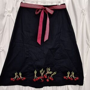 Cherry Embroidered Black Skirt With Ribbon Belt